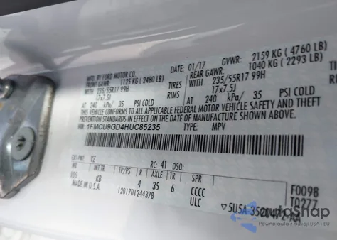 2017 Ford Escape Se из США, поврежденный, VIN 1FMCU9GD4HUC85235